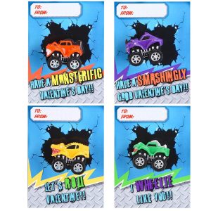 Valentine Gift Cards With Pull Back Monster Truck, 16pcs
