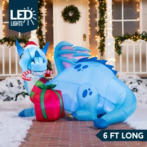 6ft LED Blue Christmas Inflatable Dragon Guarding Gift