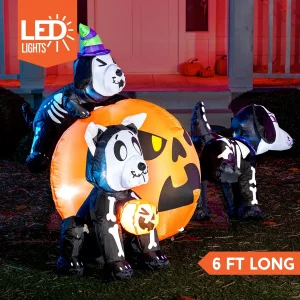 6ft Inflatable LED Skeleton Dog with Pumpkin Decoration