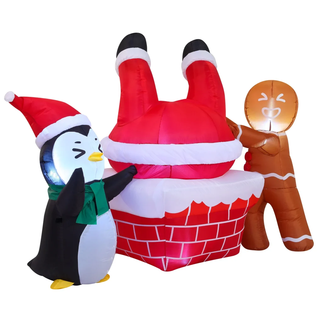 Inflatable santa claus fall into a trash