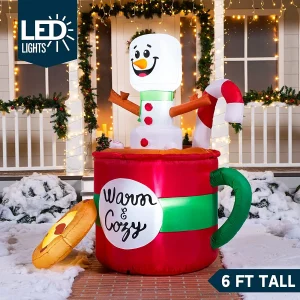 6ft LED Christmas Inflatable Snowman in Mug with Cookie