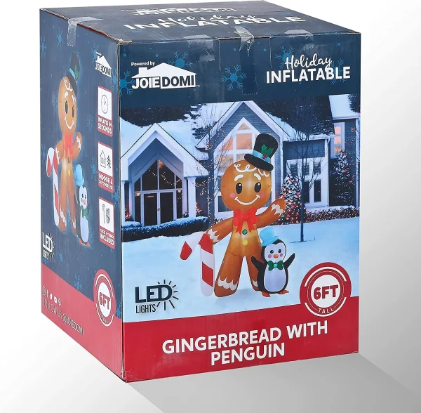 6ft Tall LED Gingerbread with Penguin Decoration
