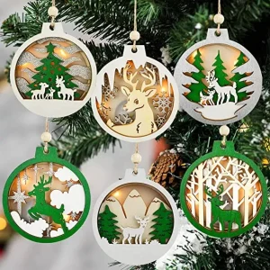 6pcs Reindeer LED Carved Wooden Christmas Ornaments