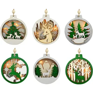6pcs Reindeer LED Carved Wooden Christmas Ornaments