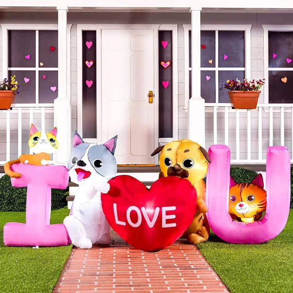 7ft Valentine LED Inflatable I LOVE U Puppy and Kitty