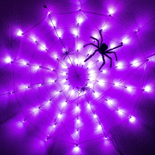 70-Count LED Purple Halloween Spider Web Lights 60in