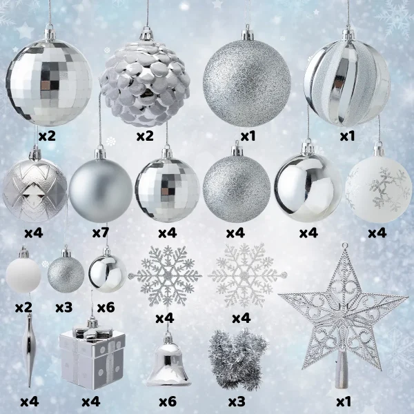 71pcs White and Silver Christmas Tree Ornaments