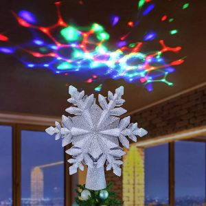 Glitter Silver Snowflake Tree Toppers with Rainbow Projector Lights