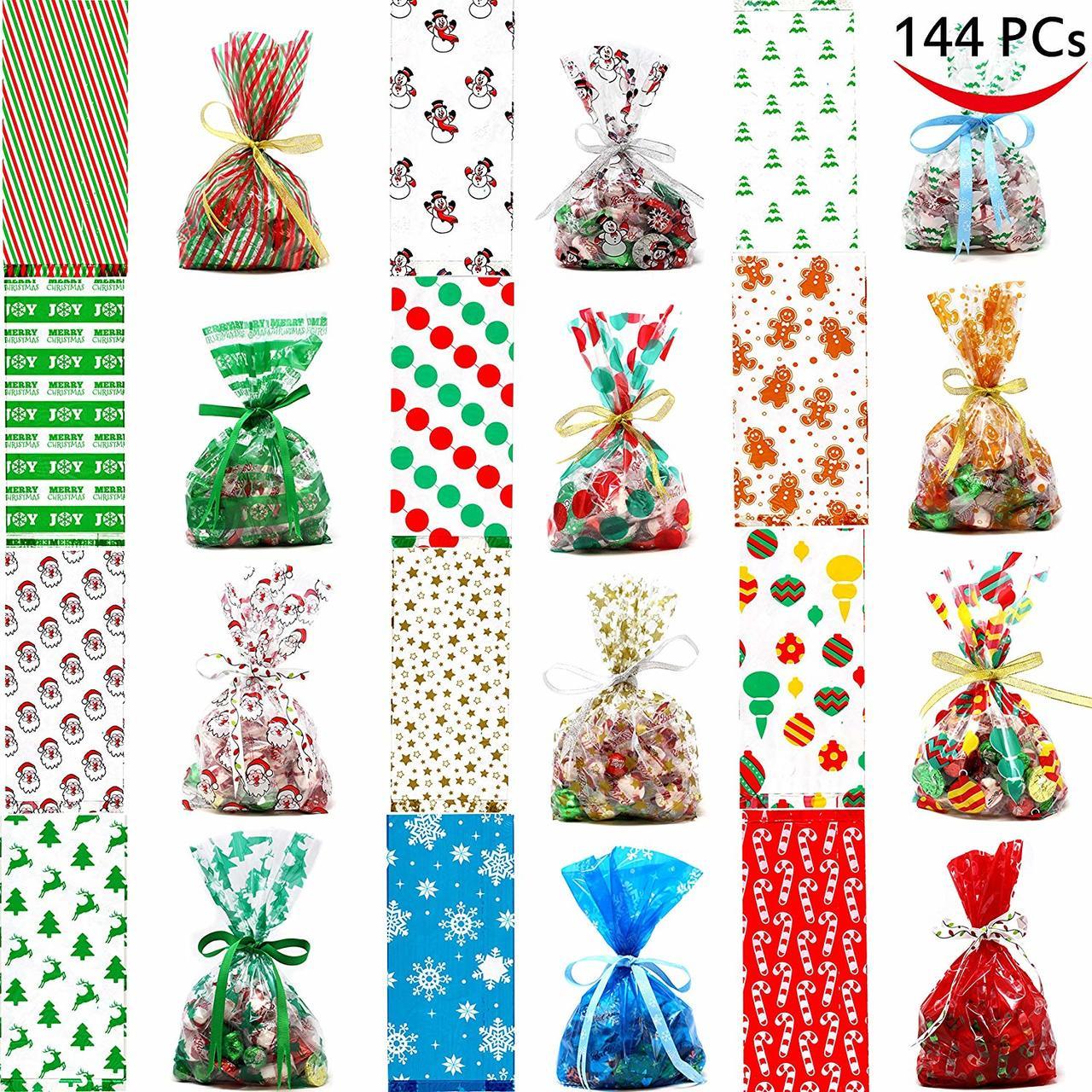 144 Piece Christmas Cellophane Goody Bags Assortment Set