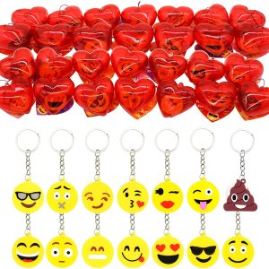 28 Packs Valentine Emoji Keychain Filled Hearts Set