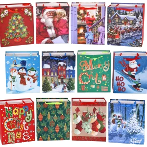 12pcs Christmas Painting Style Gift Bags with Handles