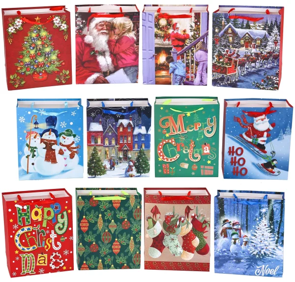 12pcs Christmas Painting Style Gift Bags with Handles