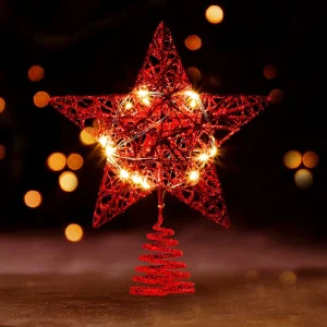 Christmas Glitter Lighted Red Star Tree Toper