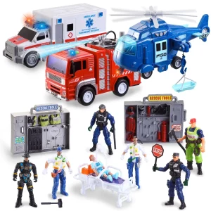 13pcs City Emergency Vehicle Toy Set with Police Helicopter
