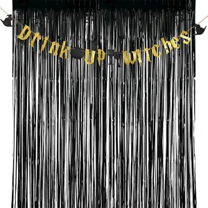 Halloween Black Foil Fringe Curtain with Gold Banner