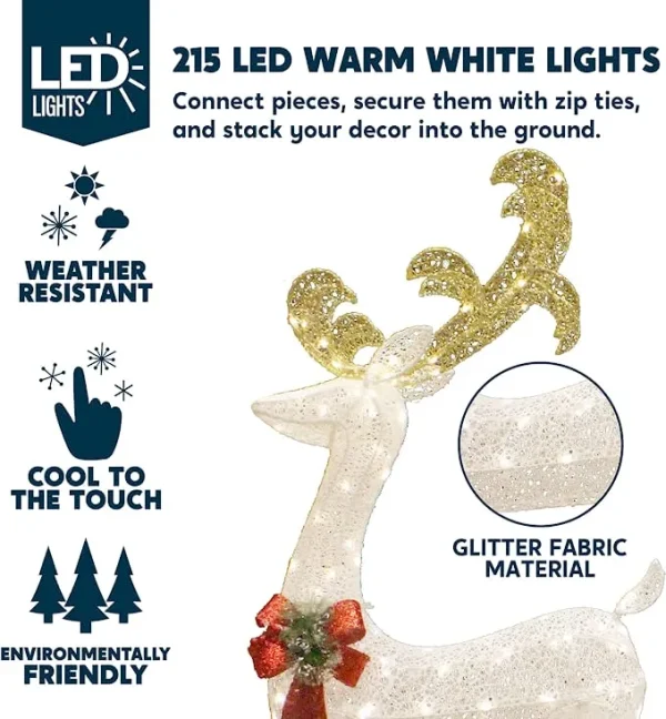 3D Fabric LED Lighted Reindeer With Sleigh Decorations 5ft