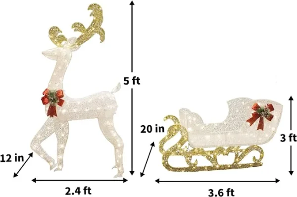 3D Fabric LED Lighted Reindeer With Sleigh Decorations 5ft