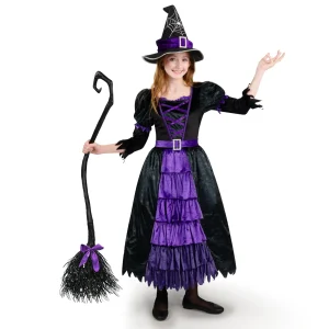 Girls Purple Witch Spider Web Dress Costume