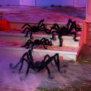 6Pcs Halloween Black Hairy Spiders(47in, 35in, 24in, 20in, 17.5in, 12in)