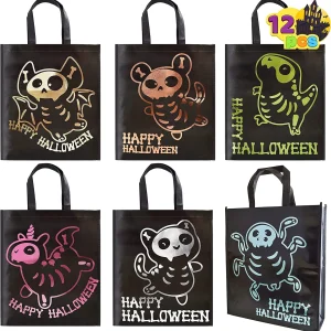 12Pcs Halloween Tote Bags with Shining Skeleton Designs