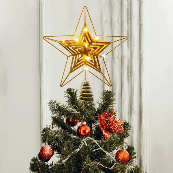 Metal Gold Star Tree Topper with Warm White LED Lights