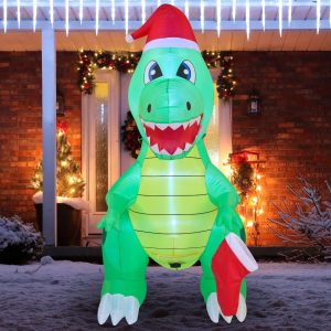 6ft Tall Inflatable Dinosaur Holding a Christmas Stocking with Build-in LEDs