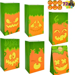 72Pcs Pumpkin Face Halloween Goodie Bags with Stickers