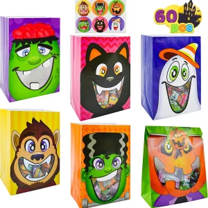 60Pcs See-Through Trick or Treat Bags with Stickers