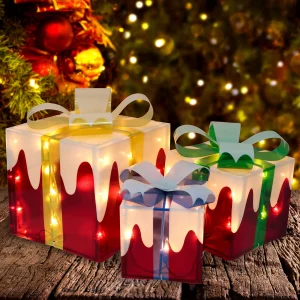 Set of 3 Snow Christmas Lighted Gift Boxes