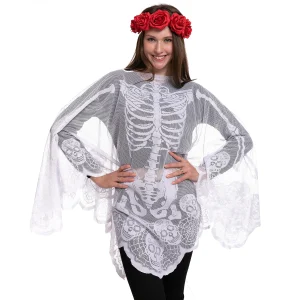 Adult Skeleton Poncho and Red Flower Elastic Headband