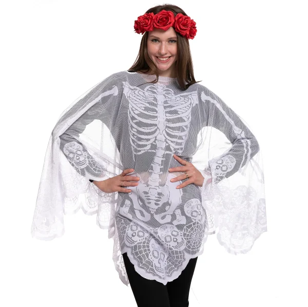 Skeleton Poncho and Red Flower Elastic Headband - Adult