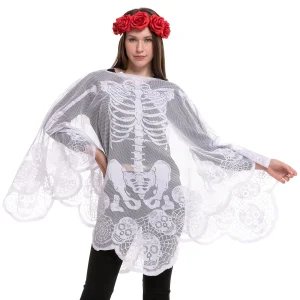 Adult Skeleton Poncho and Red Flower Elastic Headband