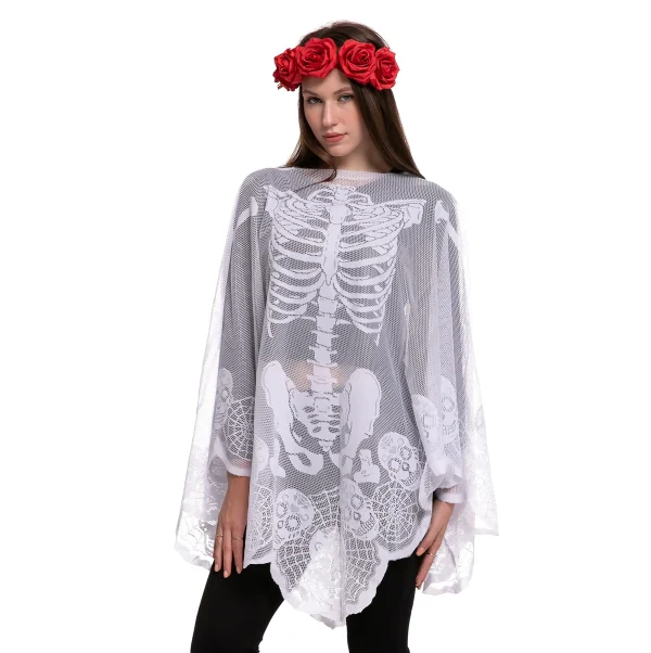 Skeleton Poncho and Red Flower Elastic Headband - Adult