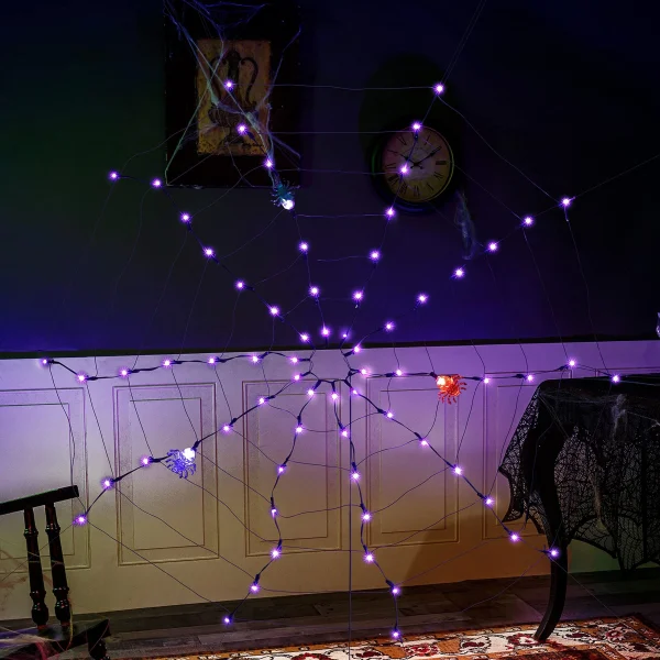 Spider Web Lights with 3 Lighted Spiders (Purple)