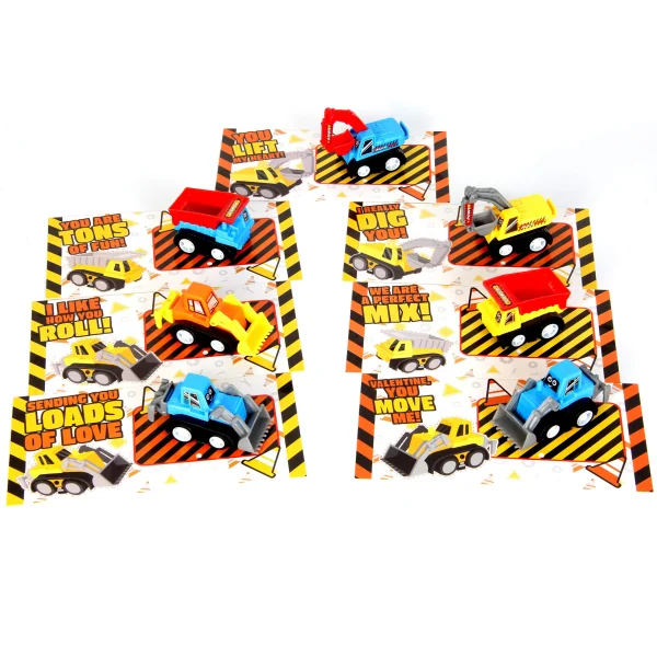 28Pcs Mini Construction Vehicle Toy with Kids Valentines Cards for Classroom Exchange