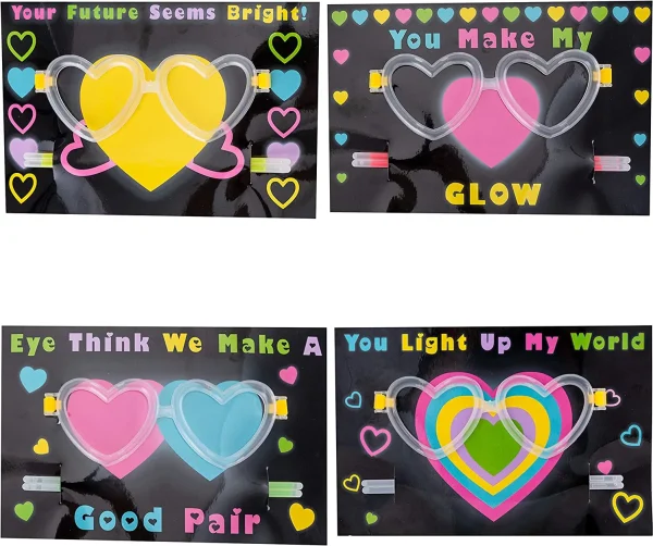 28Pcs Kids Valentines Cards with Heart Shaped Glasses and Light-up Glow Sticks-Classroom Exchange Gifts