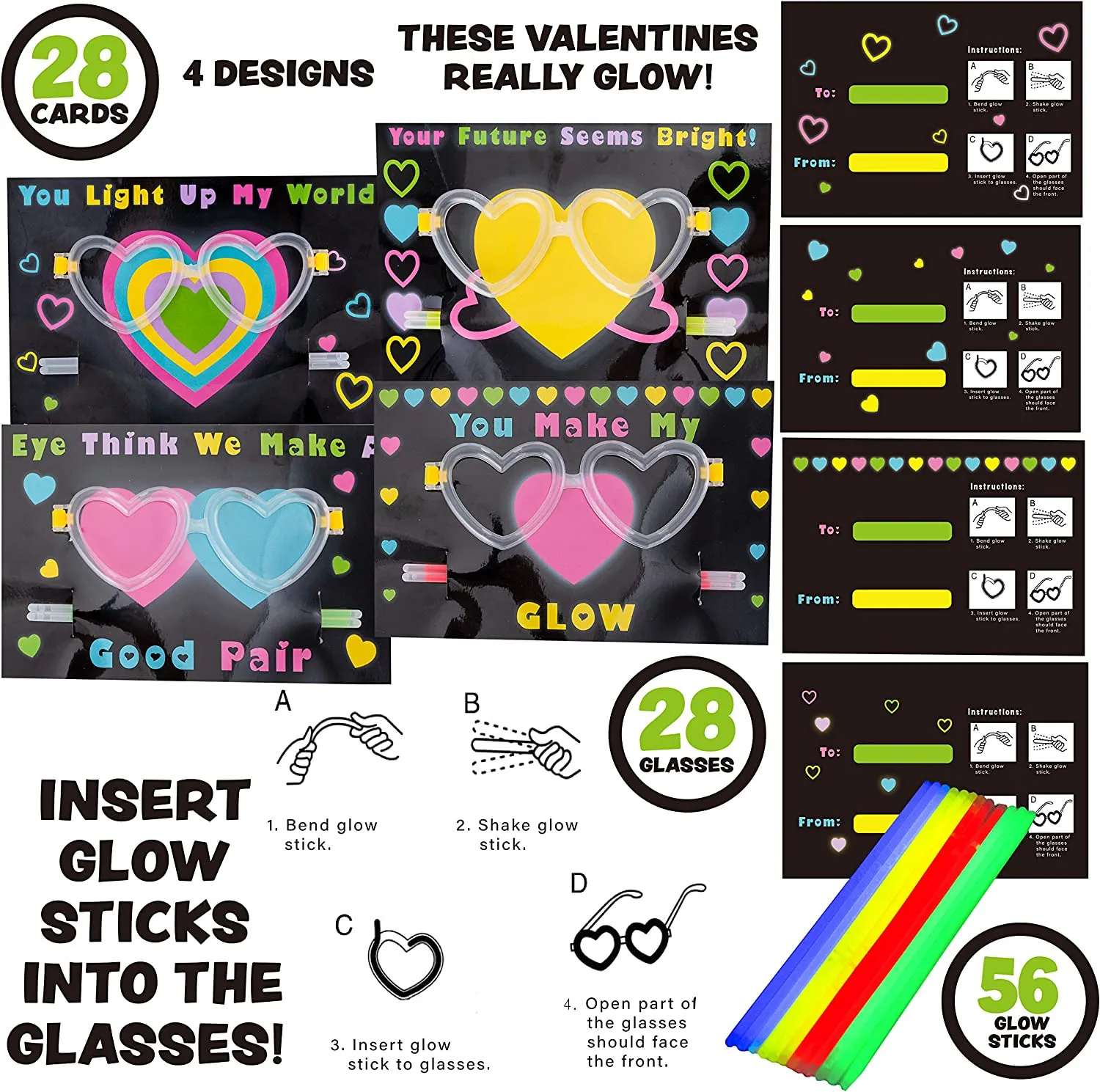 28pcs Kids Valentines Day Cards with Ultra Bright Large Glow Sticks