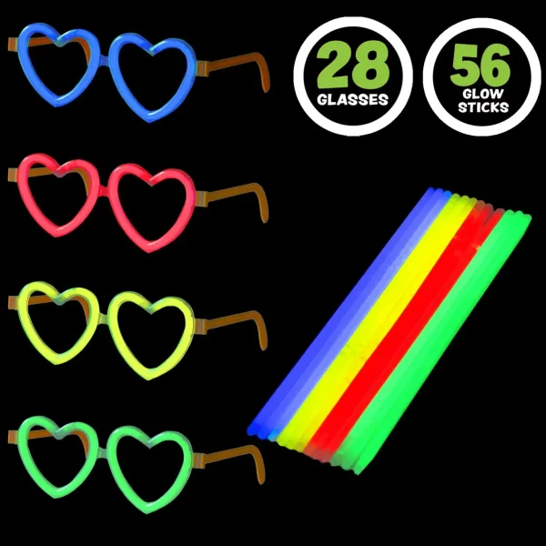 28Pcs Kids Valentines Cards with Heart Shaped Glasses and Light-up Glow Sticks-Classroom Exchange Gifts
