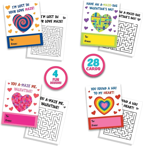 28Pcs Kids Valentines Cards With Heart Maze Toys-Classroom Exchange Gifts