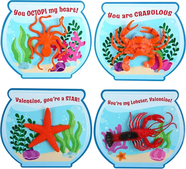 28Pcs Kids Valentines Cards With Funny Sea Animal Toys-Classroom Exchange Gifts