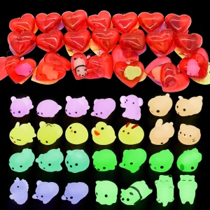 28Pcs Glow In The Dark Squishy Toys Filled Hearts Set with Valentines Day Cards for Kids-Classroom Exchange Gifts