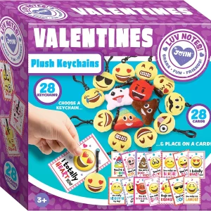 28Pcs Kids Valentines Cards with Emoji Plush Key-chain-Classroom Exchange Gifts