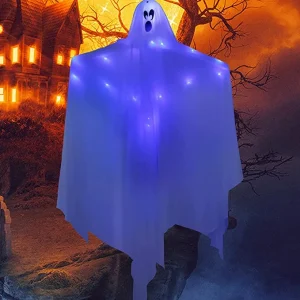White Hanging Ghosts with Blue LED Light 47in