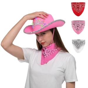Womens Halloween Pink Felt Cowboy Hat with 3 Bandanas