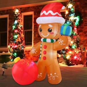 6ft Tall Inflatable Gingerbread with Ornament Christmas Inflatable with Build-in LEDs