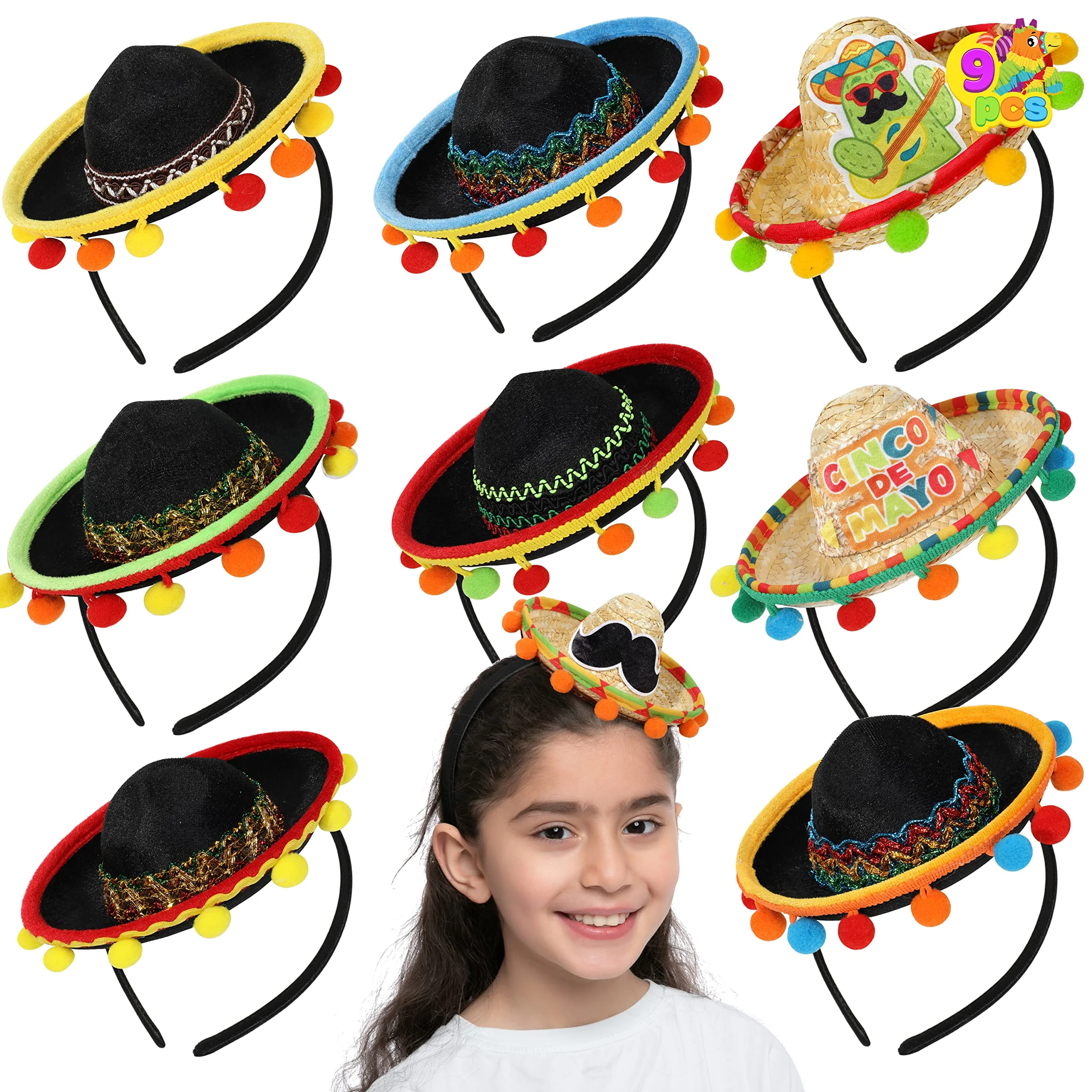 Cinco De Mayo Fiesta Straw Sombrero Headbands, 9 Pcs