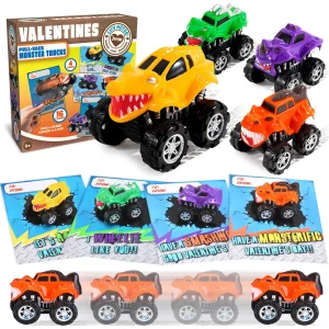 16Pcs Pull Back Monster Truck With Kids Valentines Cards
