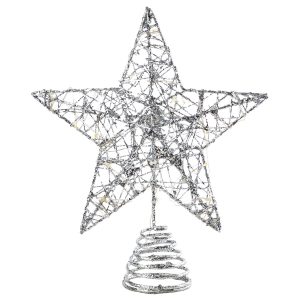 Christmas Tree Toppers, Glitter Silver Star Tree Topper Lighted with Warm White LED Lights