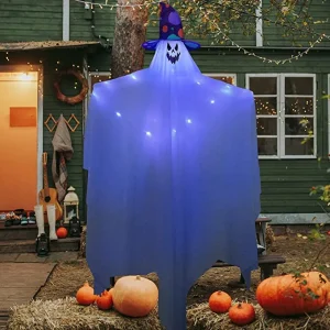 Light-up Hanging Ghost with Hat, Blue Lights 47in