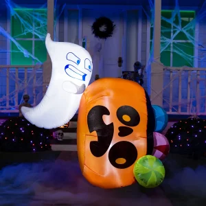 5ft Inflatable Light up Ghost Pushing Pumpkin Decoration